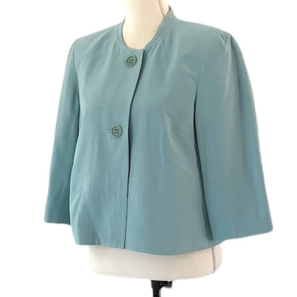 Jones New York Women’s Aqua Silk & Linen Crop Collarless Blazer Size 12 - Picture 3 of 12